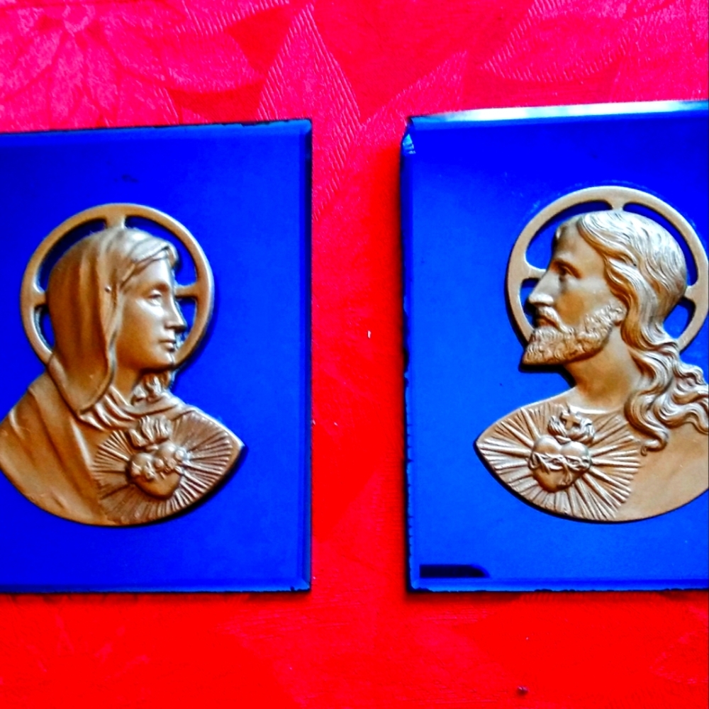PR ANTIQUE Blue Mirror Religious Plaques